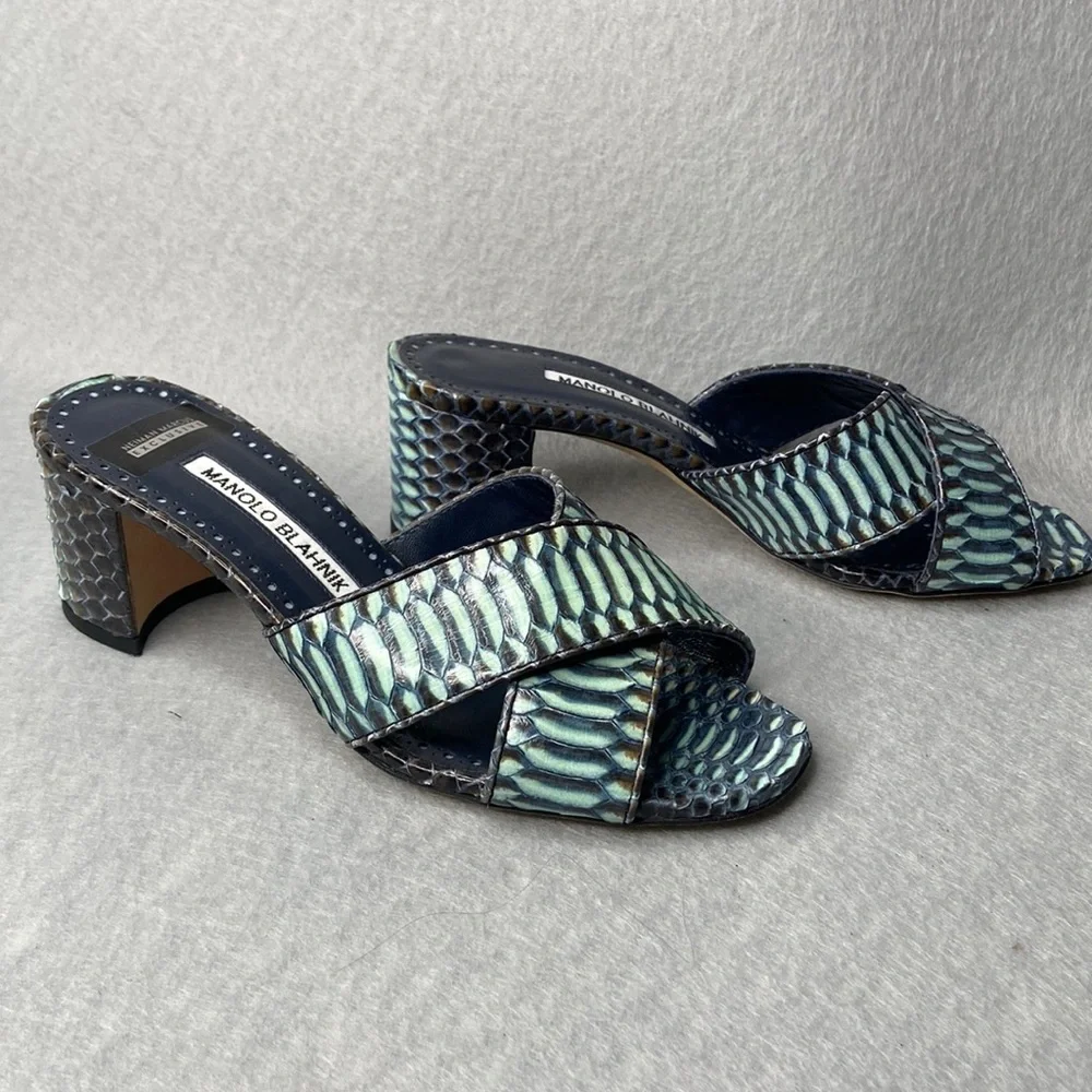 Manolo Blahnik Otawi Mule sandal with block heel - Navy/Teal - women's 36 - Picture 2 of 11